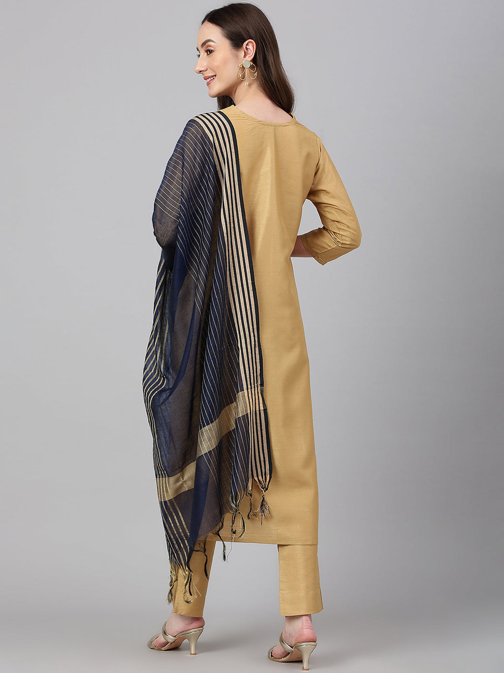 Janasya Women's Gold Crepe Silk Solid Straight Festival Kurta Set | Grocsy
