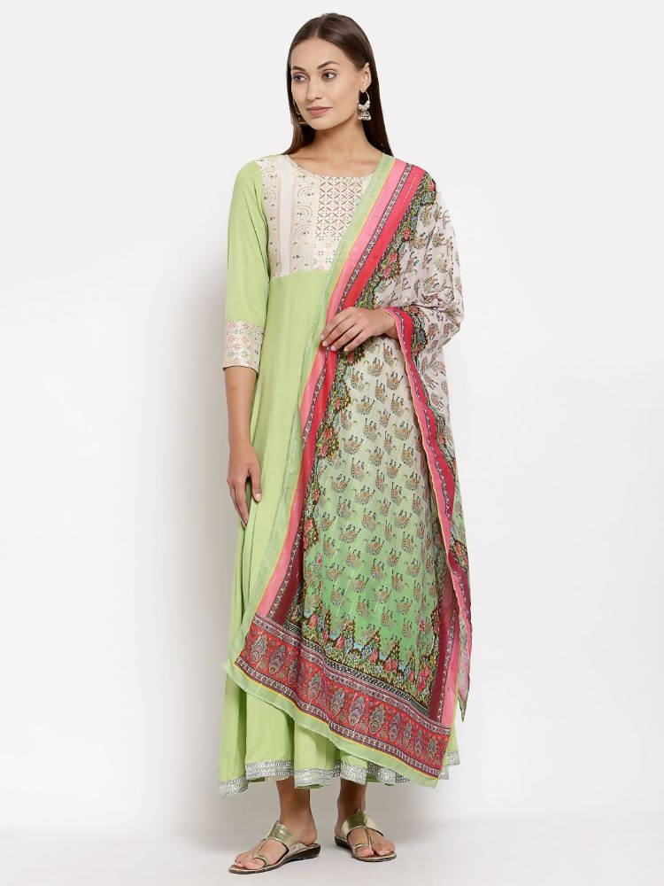 Myshka Women's Green Royan Printed 3/4 Sleeve Round Neck Casual Anarkali Kurta Dupatta Set | Grocsy