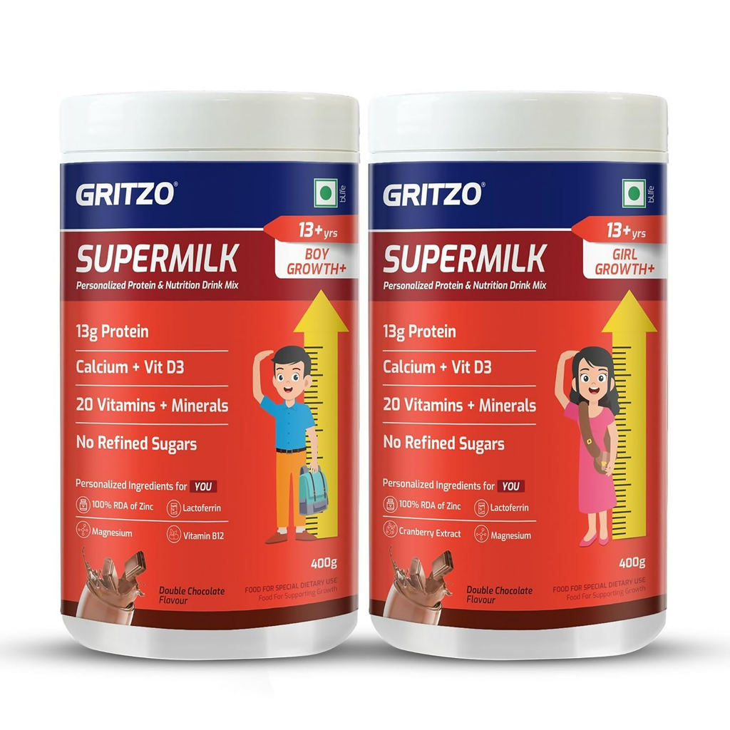 Gritzo SuperMilk Growth+ (Formerly Height+) (13+y Boys & Girls) 13g Protein Powder - Double Chocolate | Grocsy