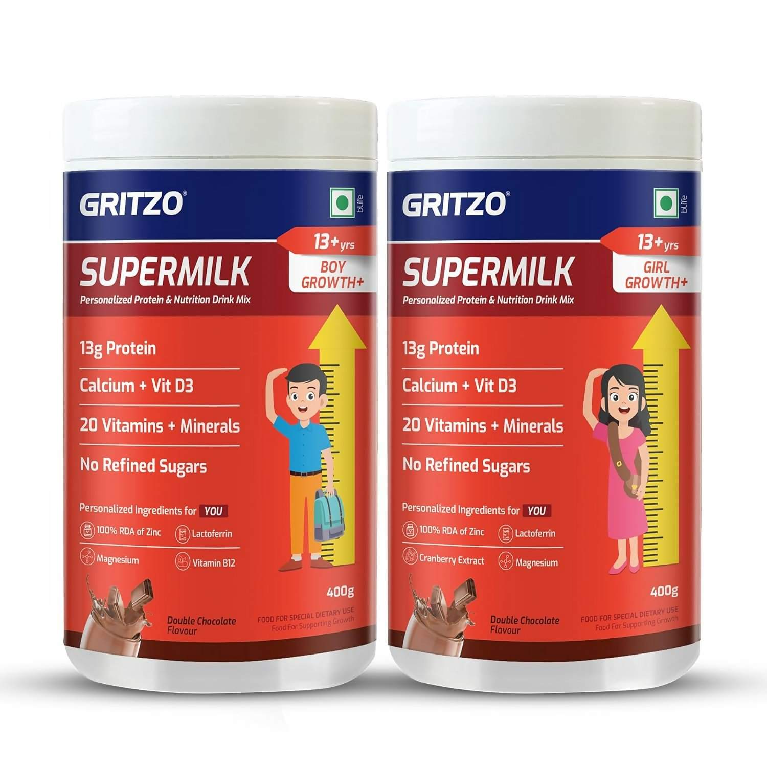 Gritzo SuperMilk Growth+ (Formerly Height+) (13+y Boys & Girls) 13g Protein Powder - Double Chocolate | Grocsy