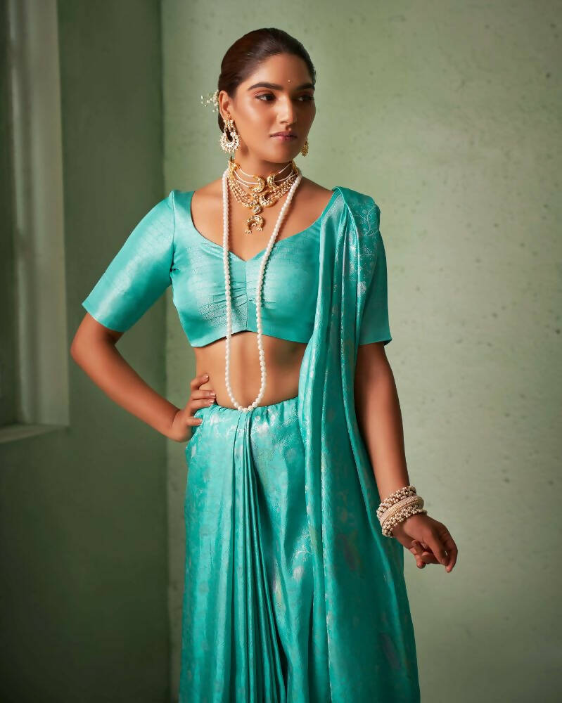 Glamorous Designer Turquoise Color Kanjivaram Silk Saree With Weaving Work - Yomika Fashions | Grocsy