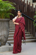 Beatitude Maroon Khadi Ghicha Stripes Saree | Grocsy