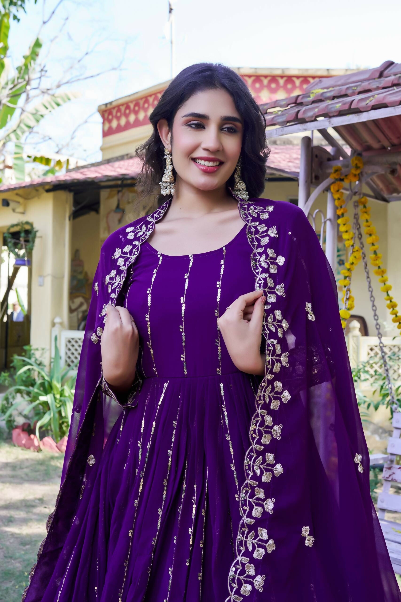 Teeya Creation Womens Casual Party Wear Heavy 5mm Sequence Embroidery Work Purple Gown Set | Grocsy