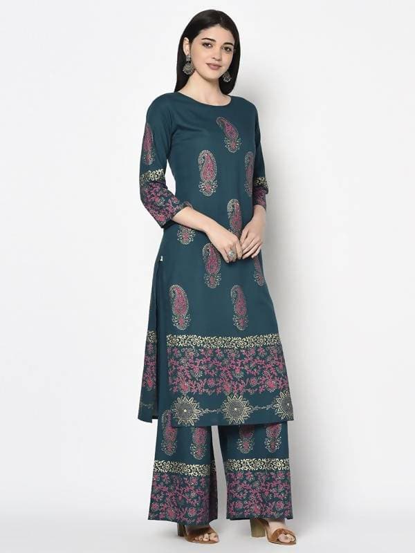 Aniyah Rayon Teal Blue Color Block Print Straight Kurta (AN-224K) | Grocsy