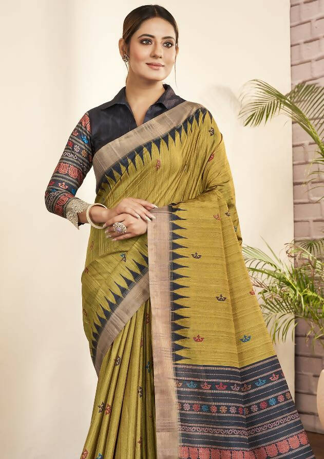 Olive Green Bhagalpuri Silk Paisley Print with Hand Mirror work Border Saree - Norita Nirvi | Grocsy