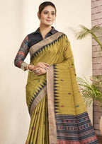 Olive Green Bhagalpuri Silk Paisley Print with Hand Mirror work Border Saree - Norita Nirvi | Grocsy
