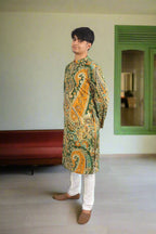 Souchii Men Green & Mustard Pure Cotton Paisley Printed Straight Kurta | Grocsy