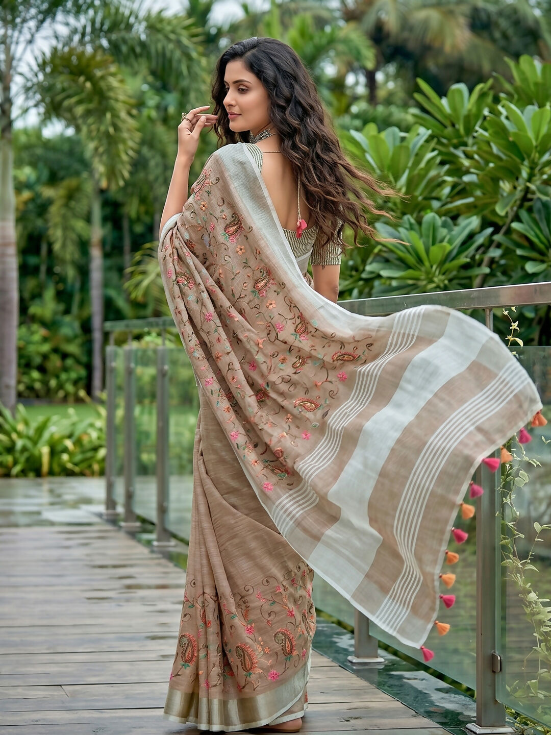 Shree Shyam Fashion Brown Linen Saree | Grocsy