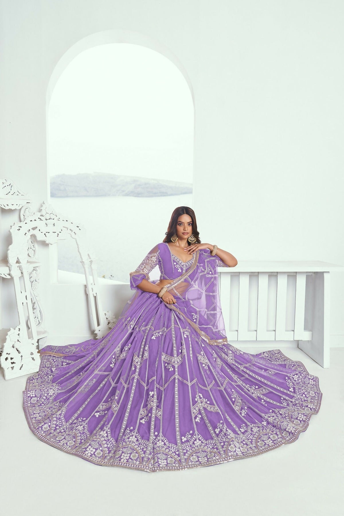 Eilara Lavender Purple Net Embroidered Flared Style Lehenga | Grocsy