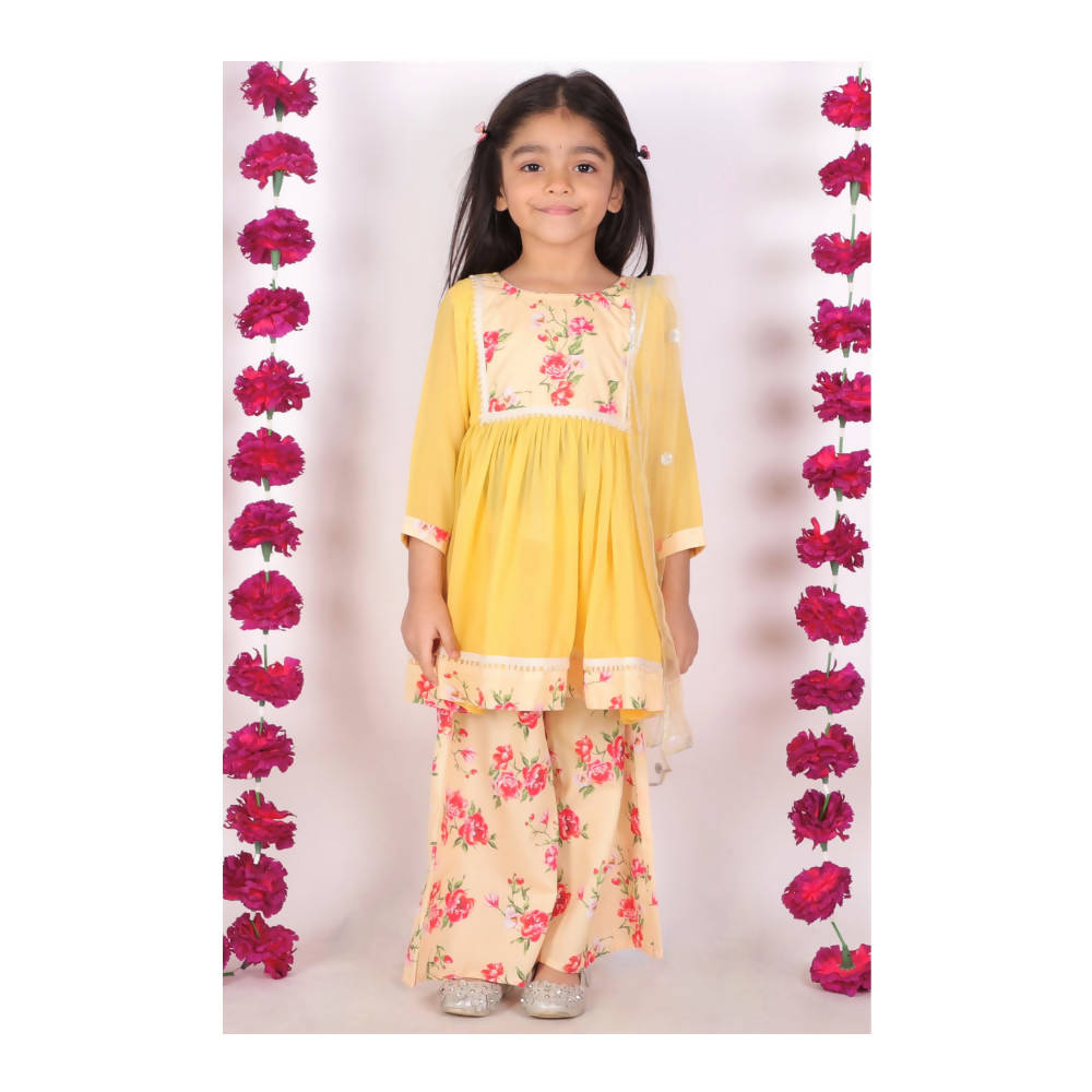 Little Bansi Girls Rose print Kurta Frock with Floral Plazzo and Dupatta - Yellow | Grocsy