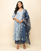 FIORRA Women's Light Blue Cotton Flared Kurta Pant with Dupatta | Grocsy