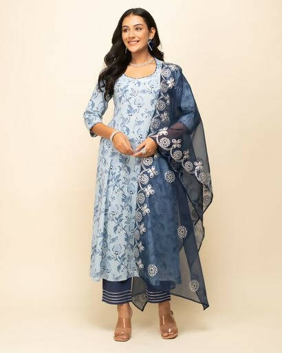 FIORRA Women's Light Blue Cotton Flared Kurta Pant with Dupatta | Grocsy