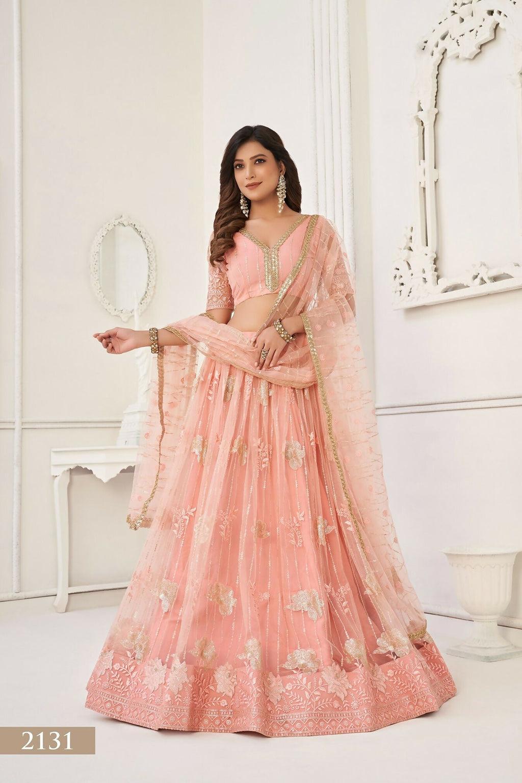 Eilara Women'S Peach Butterfly Net With Sequins And Embroidery Work Lehenga Choli For Party Wear | Grocsy