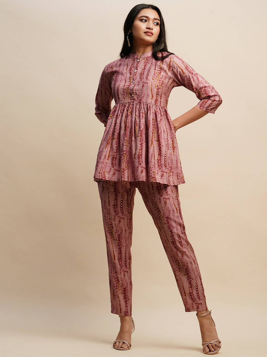 Pink Poly Cotton Tie and dye Printed Top with Matching Trouser - Shivani | Grocsy