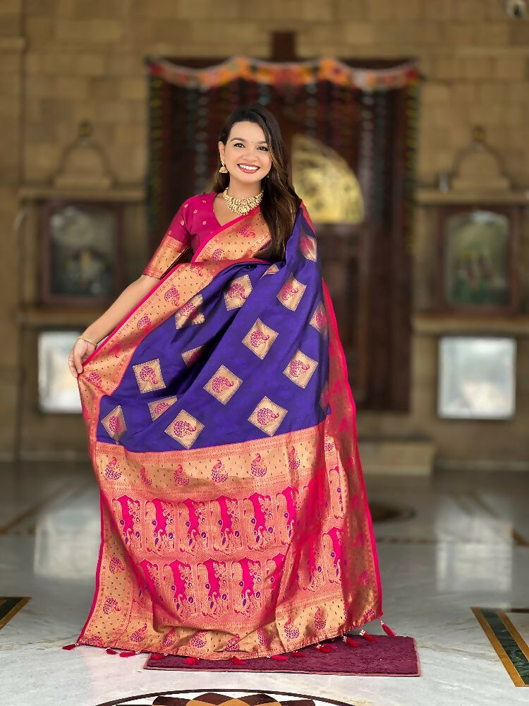 PR Fashion Violet Soft Banarasi Silk With Zari Weaving Meenakari Design Saree | Grocsy