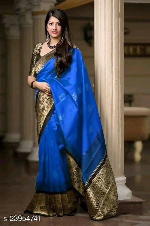 DEIANA'S Beautiful Designer Golden zari Soft Lichi Silk Saree - Royal Blue | Grocsy