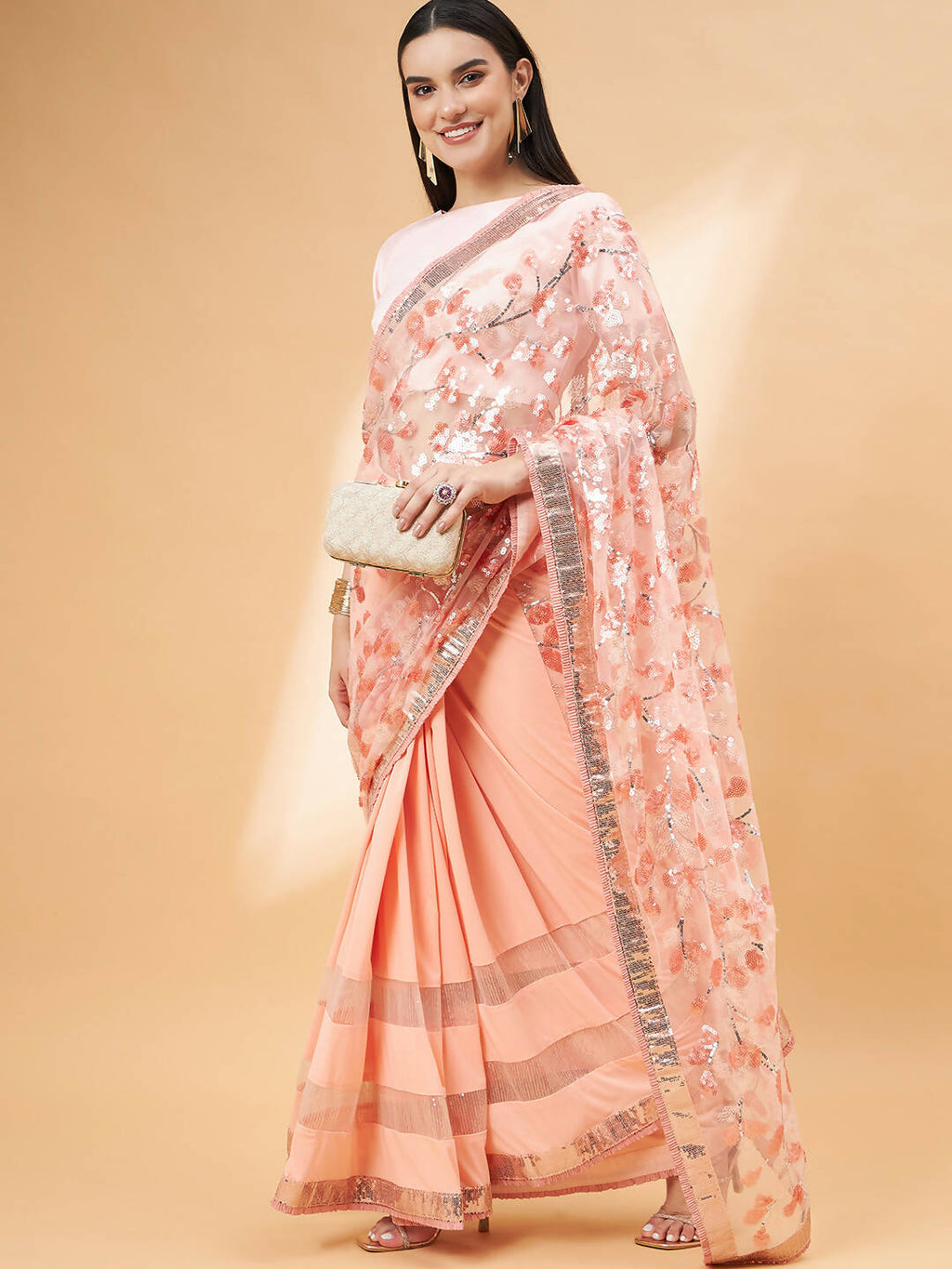 Peach Lycra Sequin Embroidery And Frills Saree - Norita Hit Design | Grocsy