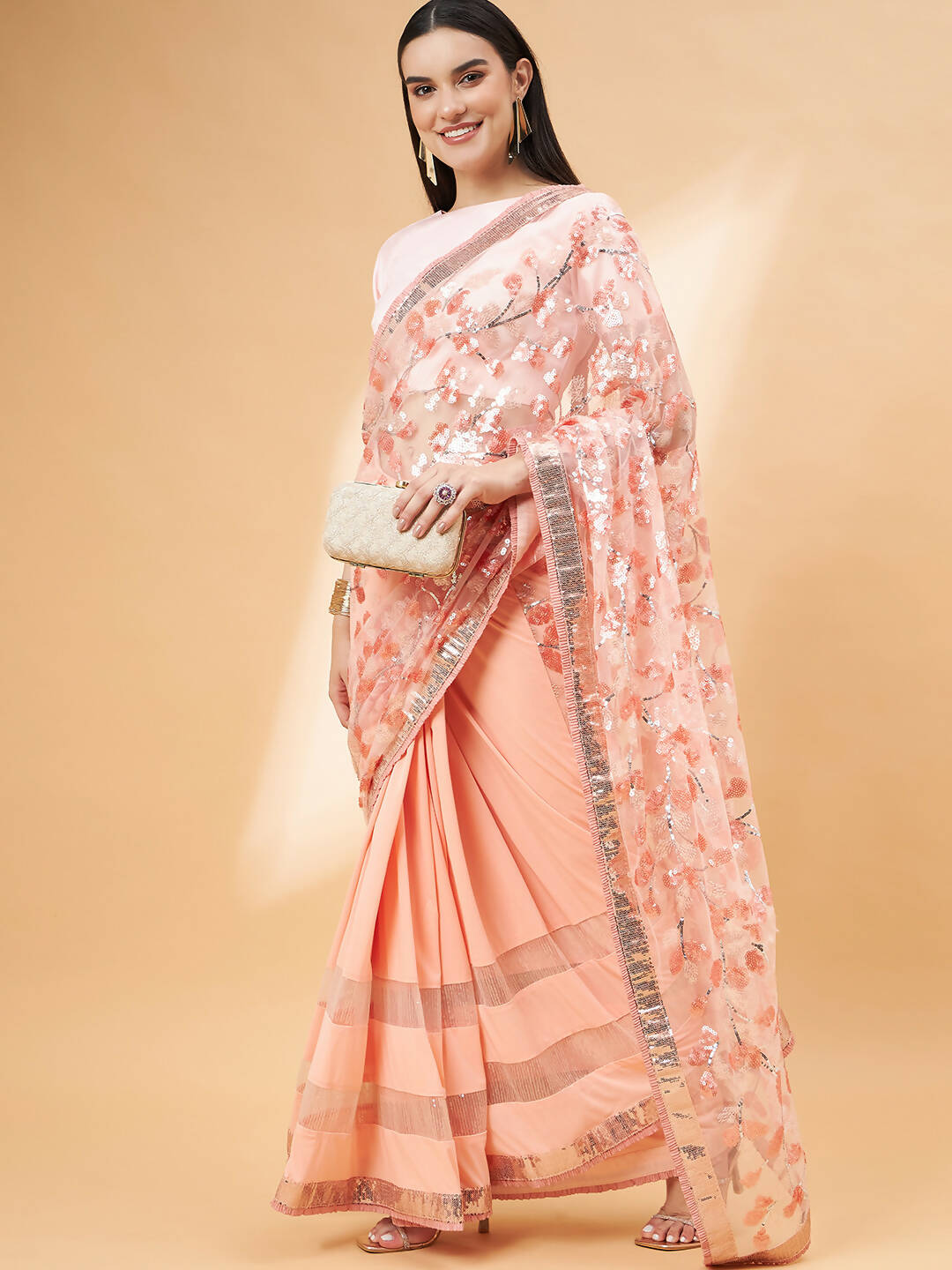 Peach Lycra Sequin Embroidery And Frills Saree - Norita Hit Design | Grocsy