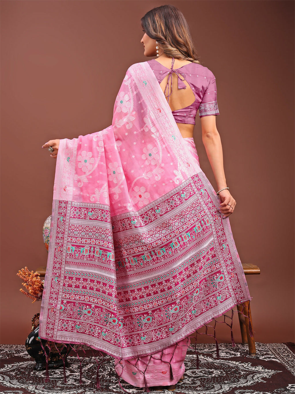 Shree Shyam Fashion Anaya Pink Linen Cotton Saree | Grocsy