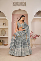 Aastha Fashion Gray Butterfly Net White Cotton Thread Work, Zari Work And Sandwich Sequence Work Embroidery Wedding Wear Lehenga Choli | Grocsy
