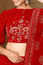 Juniper Women Maroon Velvet Printed Flared Lehenga Choli Sets | Grocsy