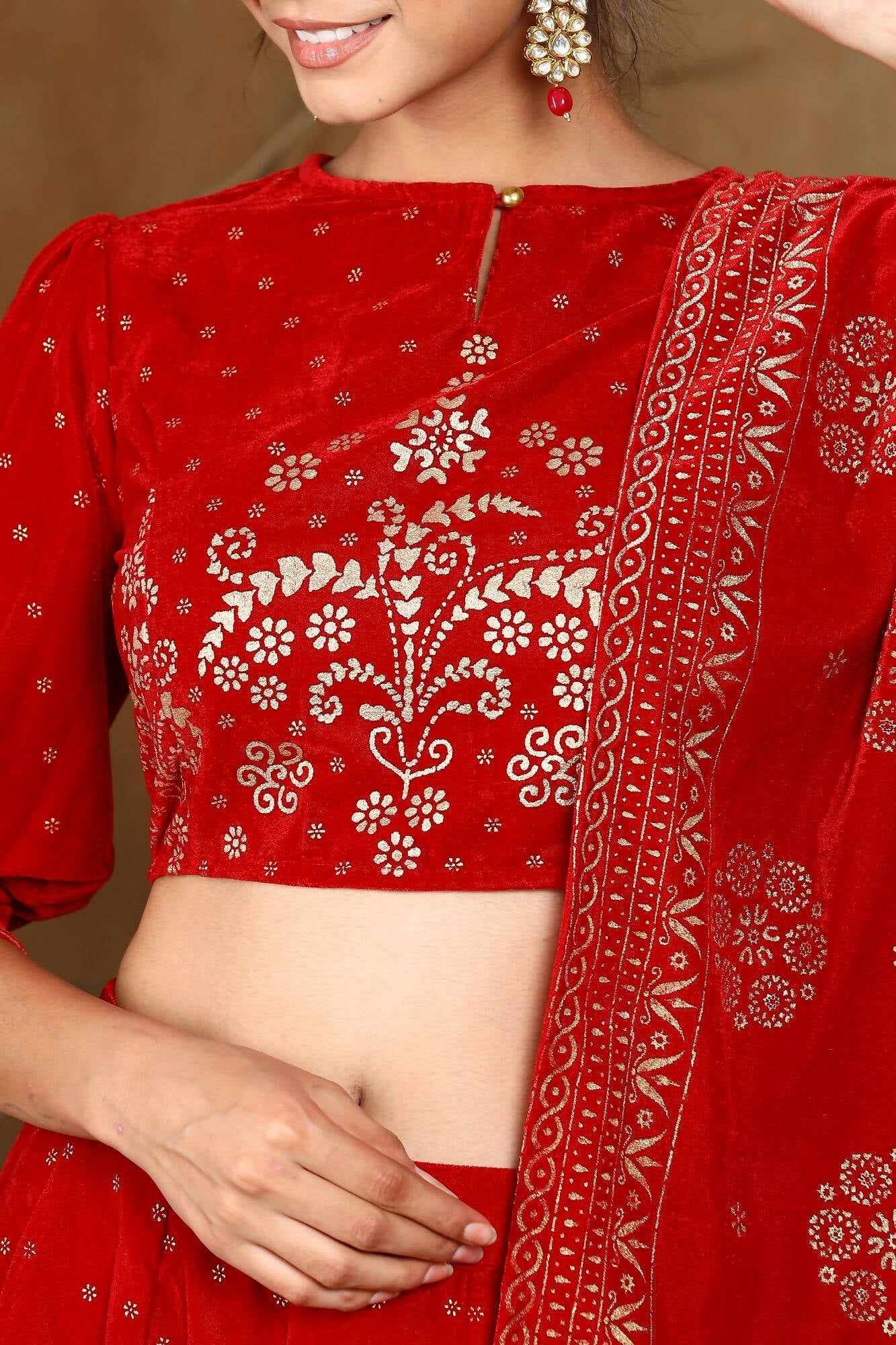 Juniper Women Maroon Velvet Printed Flared Lehenga Choli Sets | Grocsy