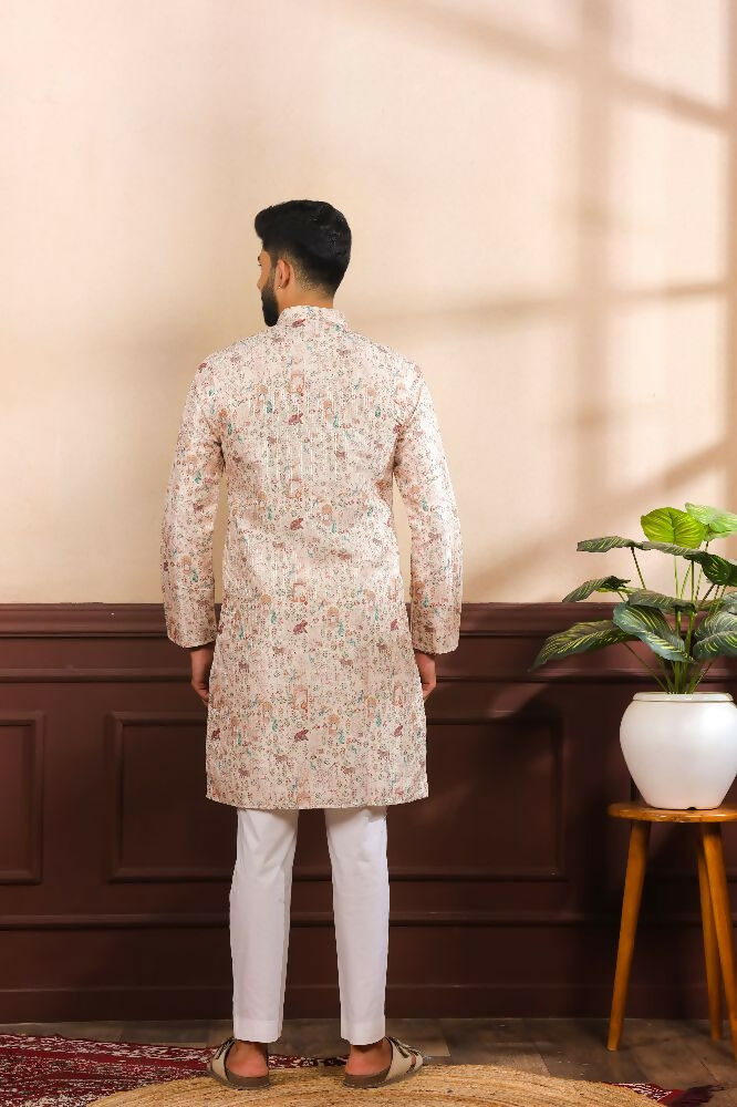 Beige Art Silk Digital Printed, Embroidery Work Kurta Set - Mahotsav | Grocsy