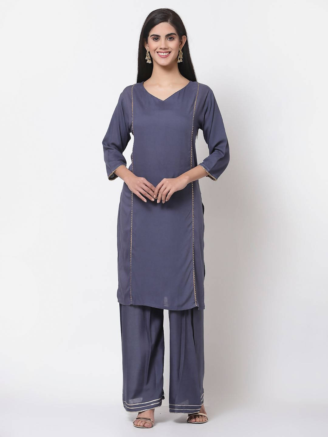 Myshka Women's Grey Viscose Solid 3/4 Sleeve V Neck Casual Kurta Palazzo Dupatta Set | Grocsy