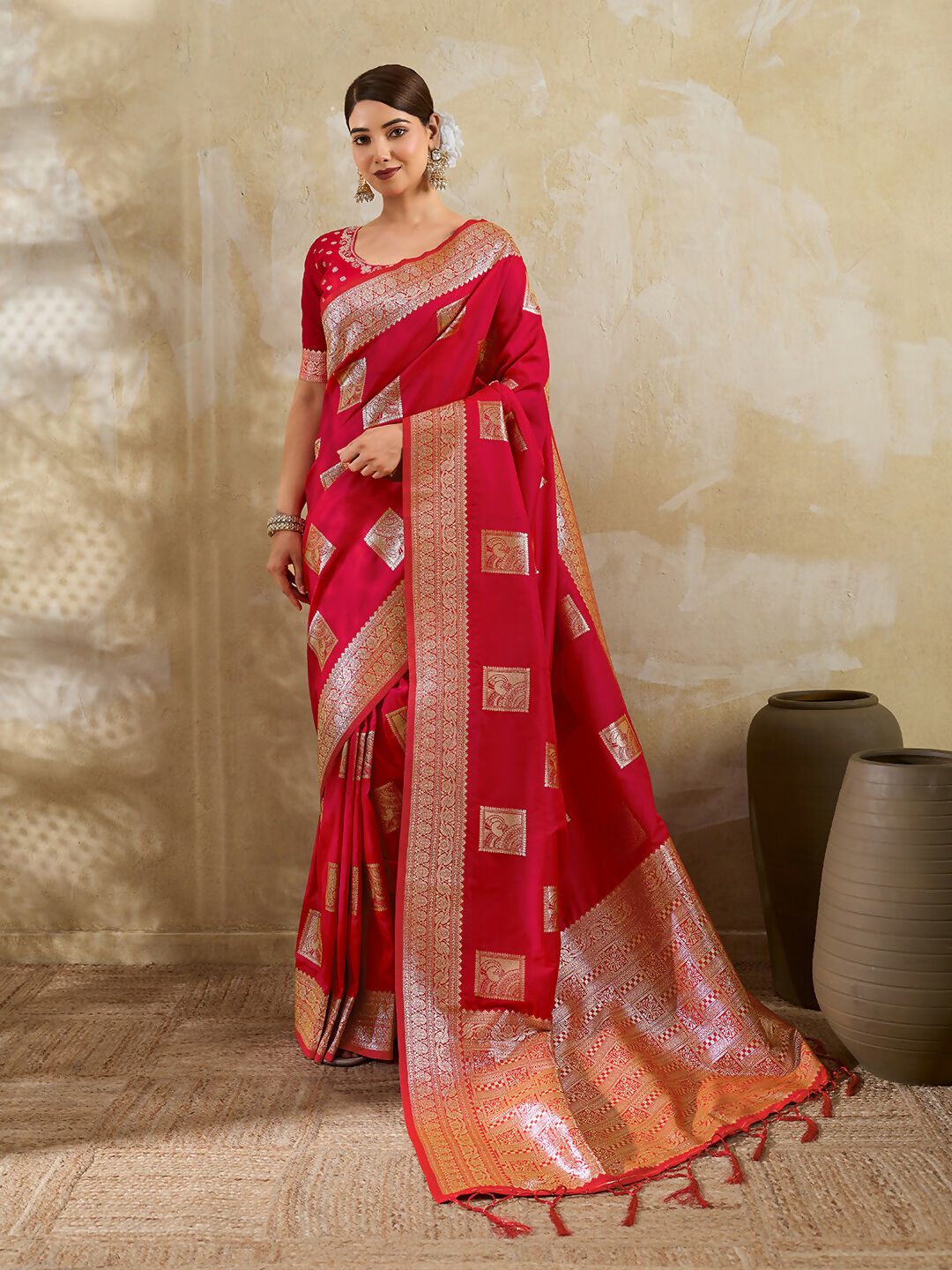 Shree Shyam Fashion Red Silk Blend Saree | Grocsy