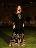 Juniper Women's The Sunehri Black Zari Embroidered Velvet Top & Skirt Set With Sequins & Buttons | Grocsy