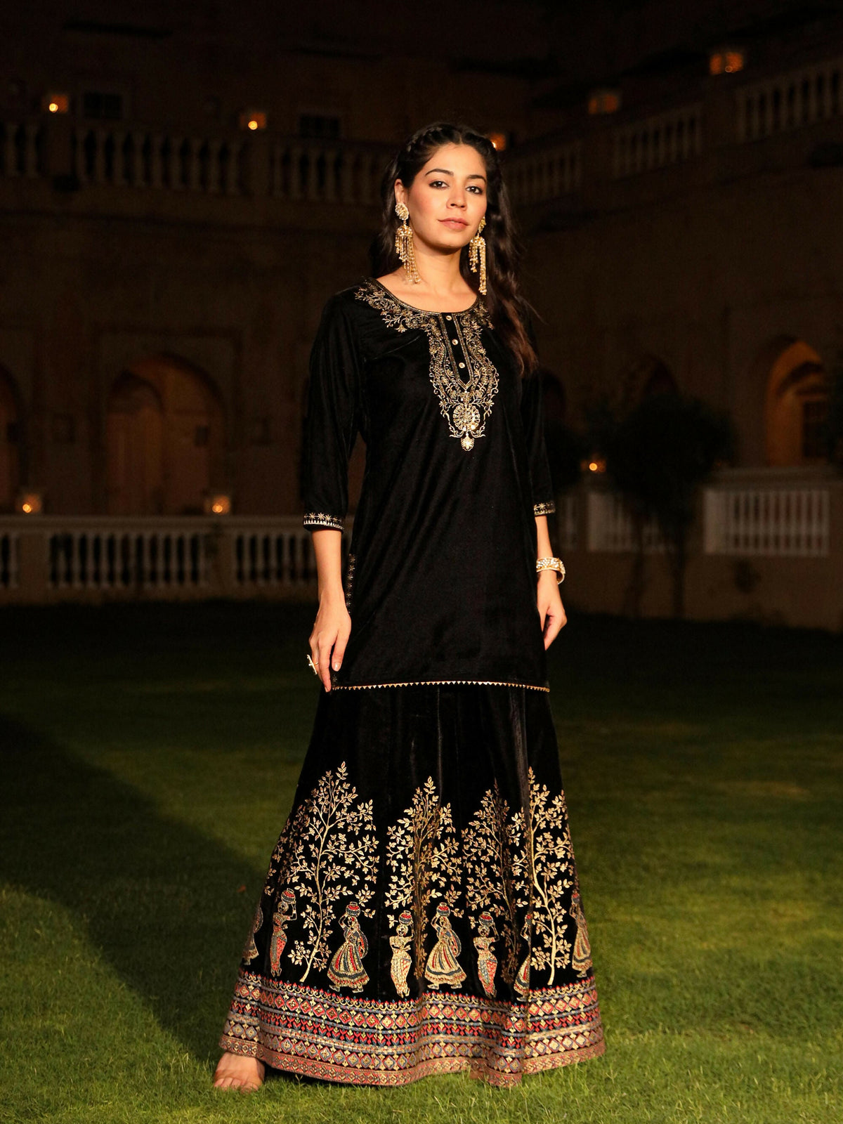 Juniper Women's The Sunehri Black Zari Embroidered Velvet Top & Skirt Set With Sequins & Buttons | Grocsy