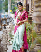 DEIANA'S Beautiful Designer Golden zari Soft Lichi Silk Saree - Pista | Grocsy