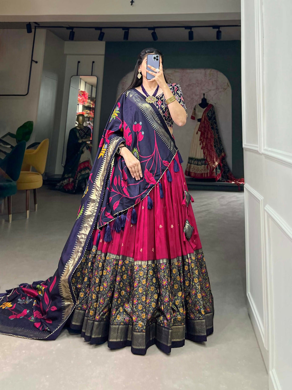 Vastranavya Stunning Look Tussar Silk Printed With Foil Work Indian Lehenga Choli - Pink | Grocsy