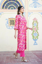 Vaasva Women Pink Muslin Pleated Kurta & Pant Clothing Set | Grocsy