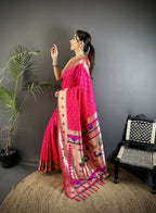 Joban Fashion Rani Pink Peacock & Floral Motifs Soft Lichi Silk Kanchipuram Saree | Grocsy