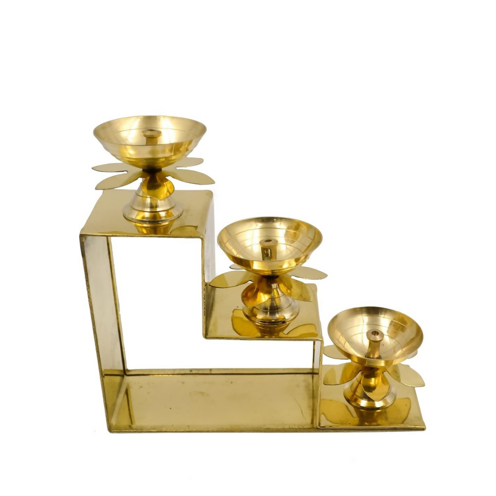 CraftVatika Brass Lotus Diya Oil Puja Lamp Piller Stand 3 Step Diya | Grocsy