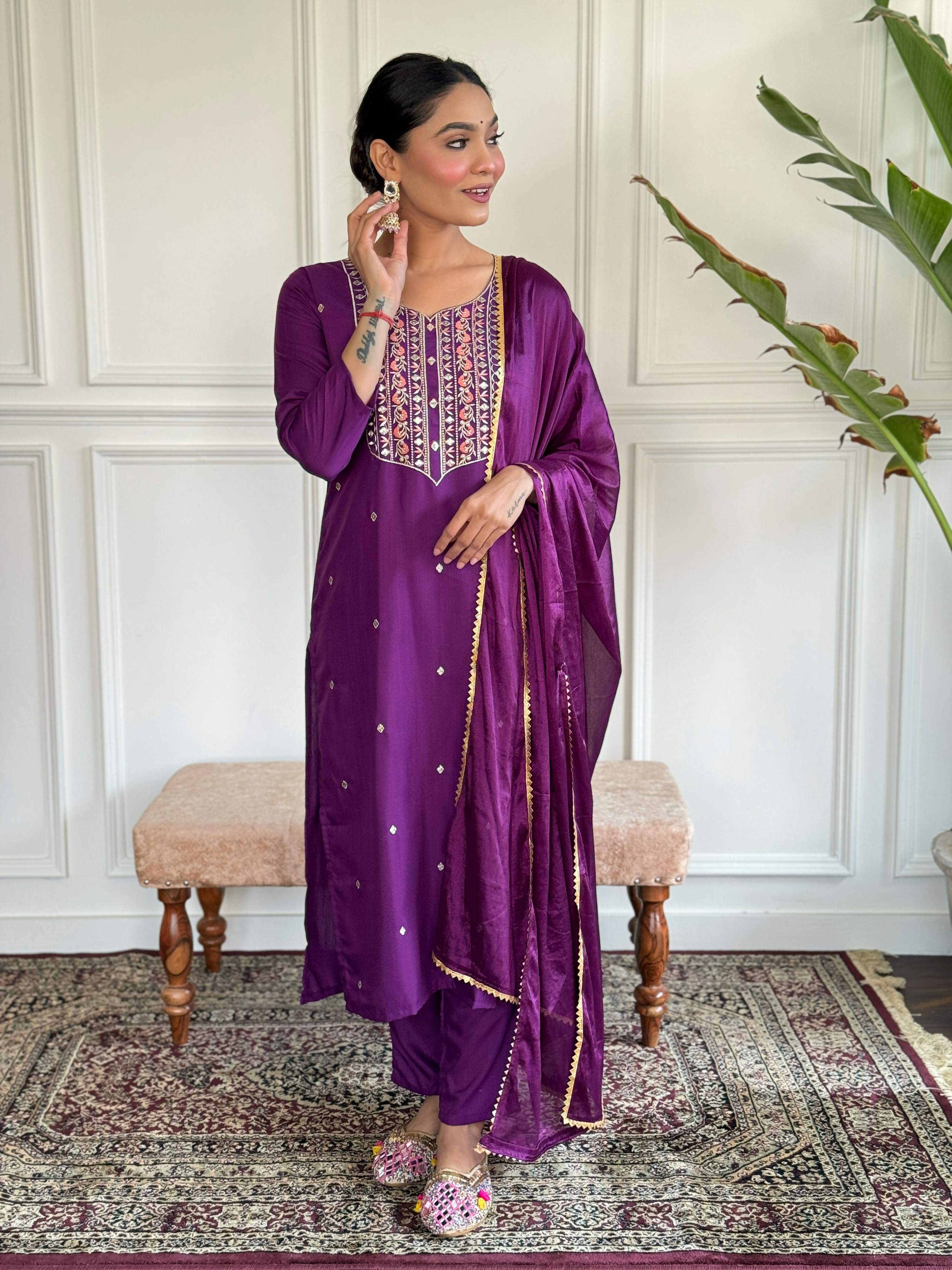 Partywear Designer Ryon Slub Wine Stitched Suit With Dupatta - Anbazaar | Grocsy