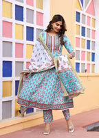 Alvano Printed Anarkali Kurti with Pant and Dupatta Set for Women's and Girls Rayon | Grocsy