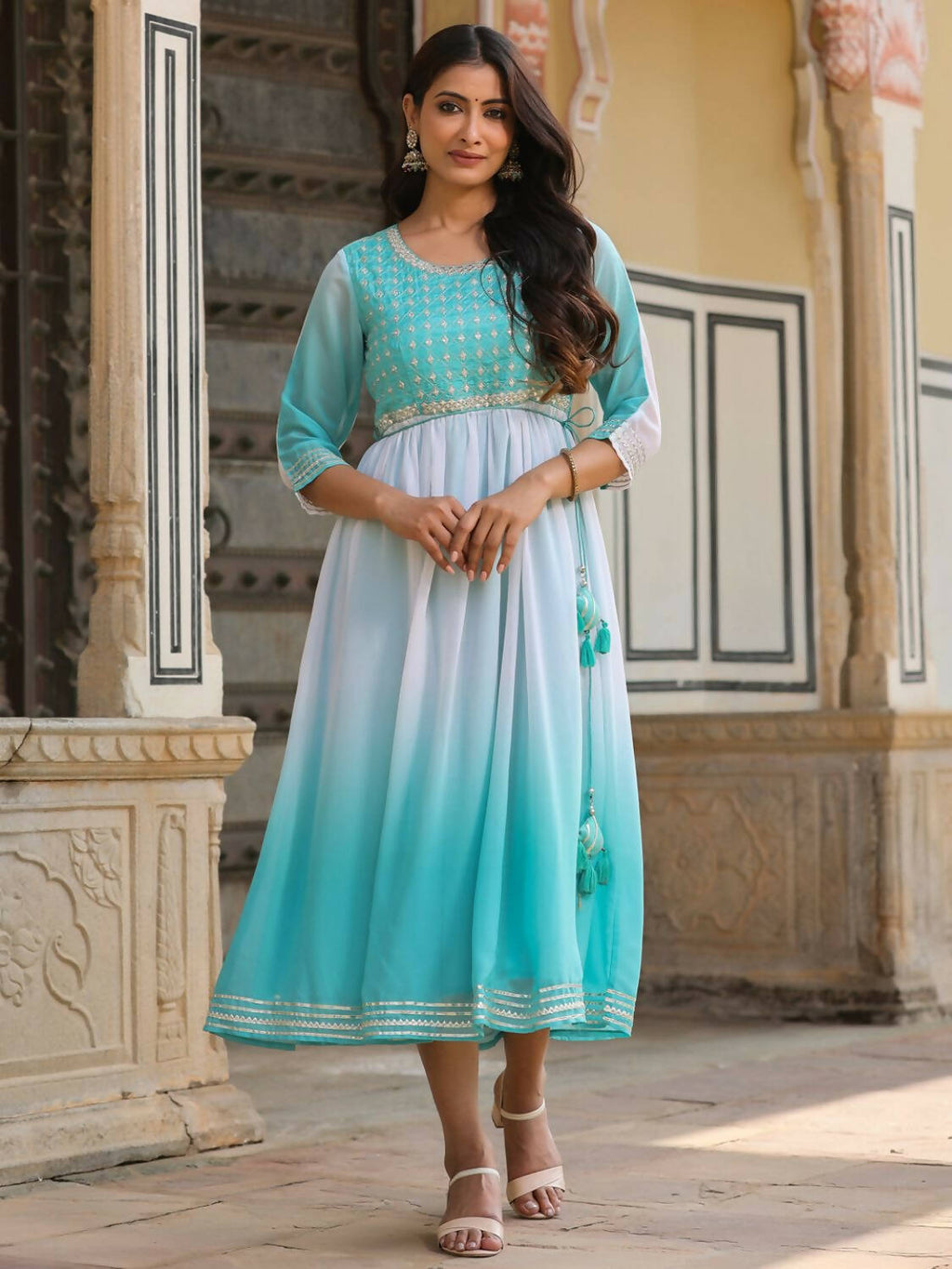 Juniper Women Teal Georgette Embroidered Maxi Dress | Grocsy