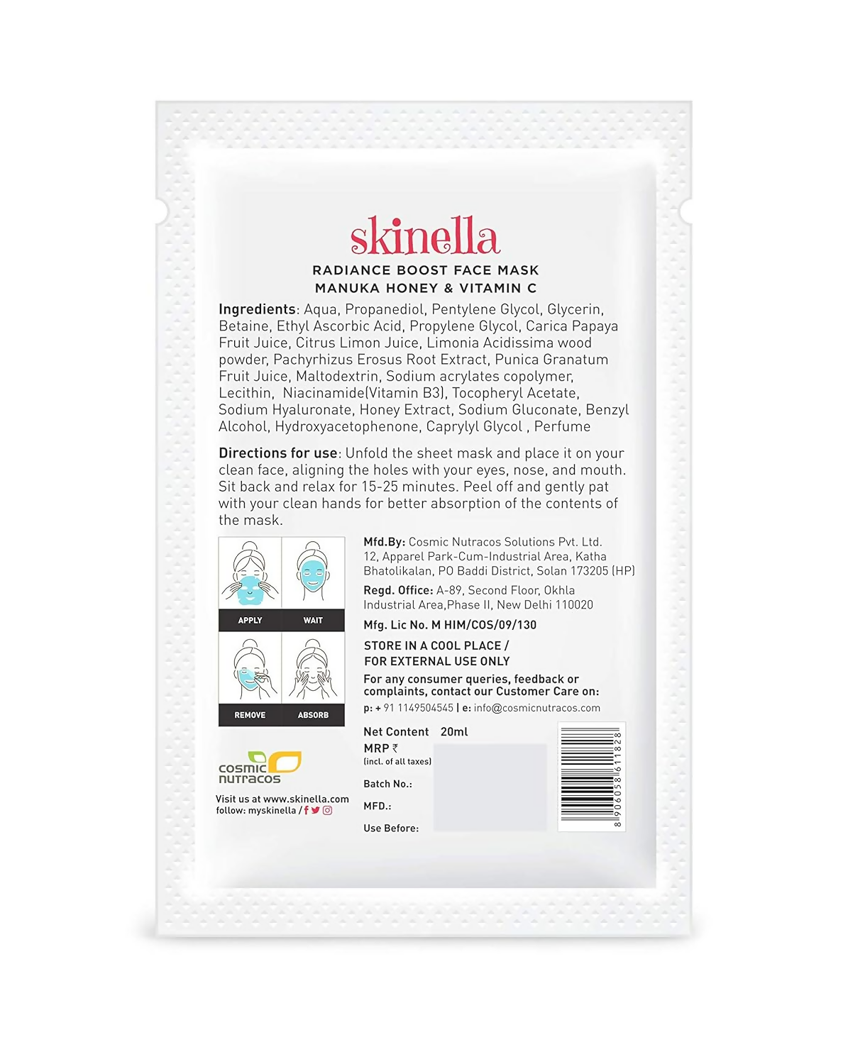 Skinella Radiance Boost Face Sheet Mask - Manuka Honey & Vitamin C | Grocsy