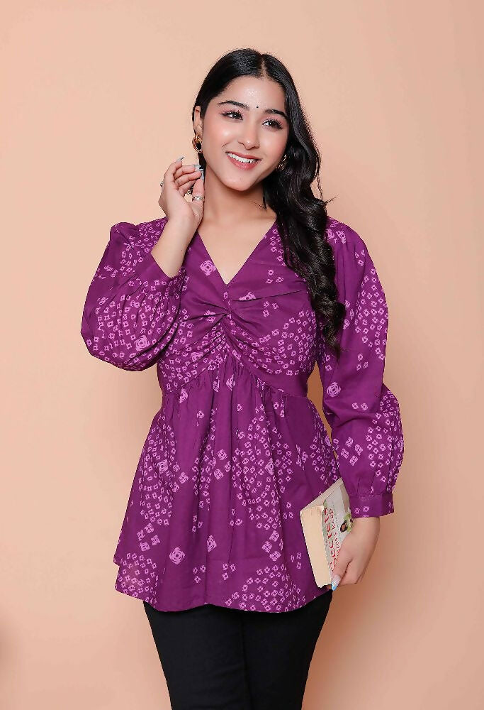Miravan Womens Purple Bandhani Printed Butterfly Style Top | Grocsy