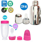 Goodmunchkins Stainless Steel Feeding Bottle With Spoon Food Feeder for Baby Anti Colic Silicon Nipple Feeder 220 ml Combo Pack-Pink | Grocsy