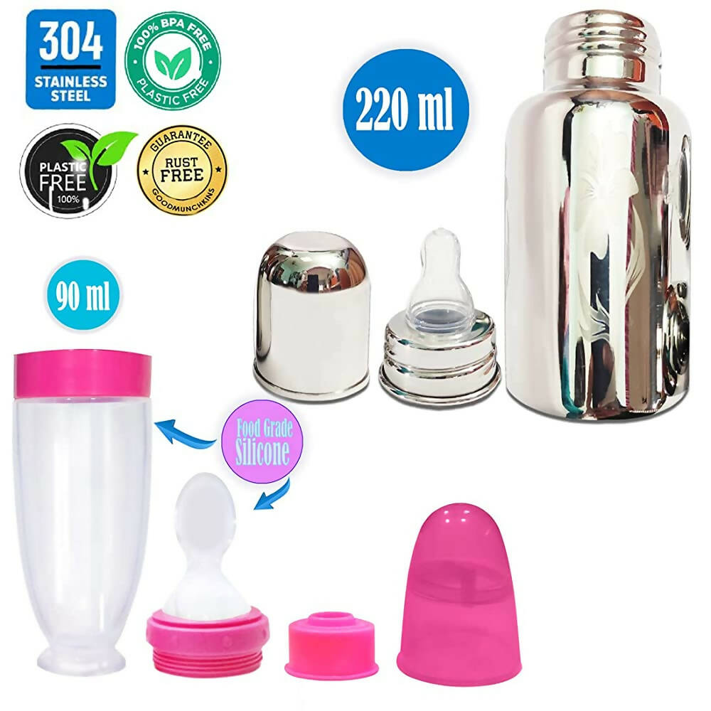 Goodmunchkins Stainless Steel Feeding Bottle With Spoon Food Feeder for Baby Anti Colic Silicon Nipple Feeder 220 ml Combo Pack-Pink | Grocsy