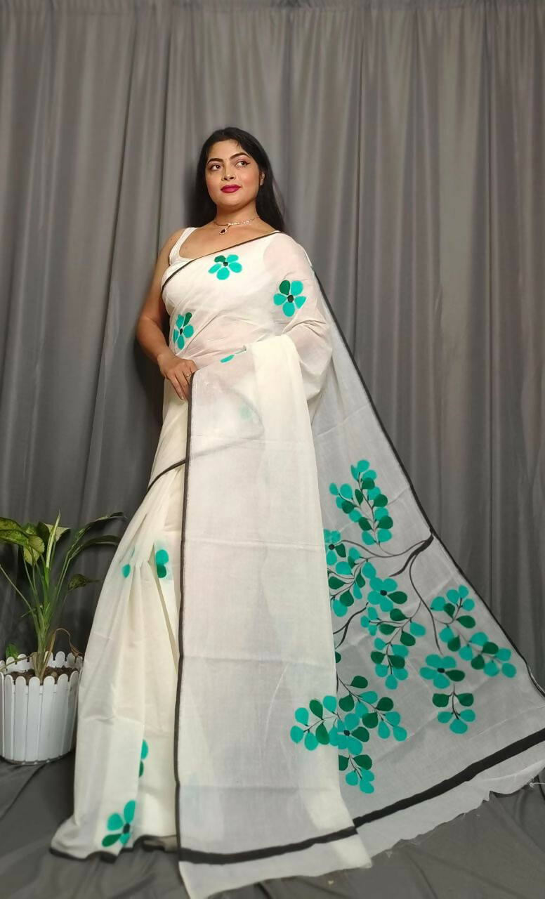 Exclusive Collection Beautiful White Green Pure Cotton Hand Print Handloom Saree With Running Blouse Piece | Grocsy