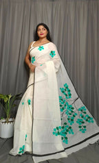 Exclusive Collection Beautiful White Green Pure Cotton Hand Print Handloom Saree With Running Blouse Piece | Grocsy