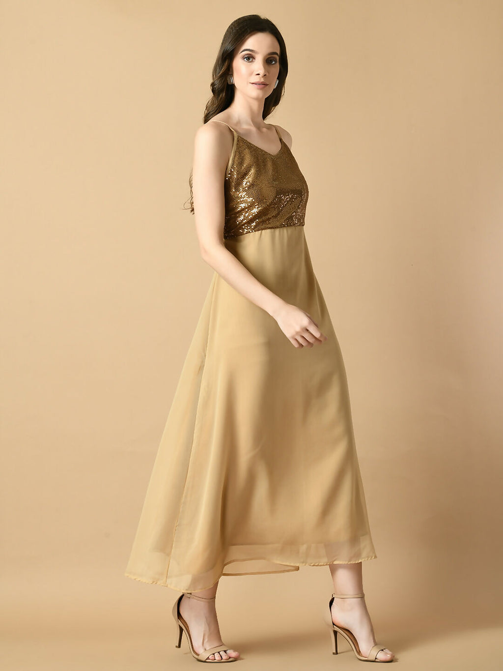 Myshka Women's Beige Solid Georgette Party Dress | Grocsy