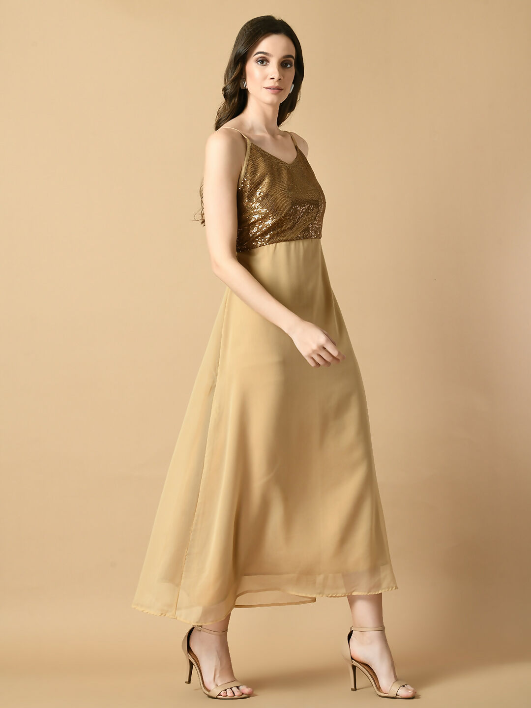 Myshka Women's Beige Solid Georgette Party Dress | Grocsy