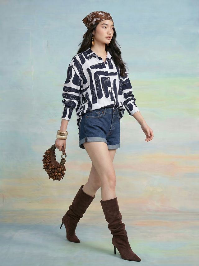Janasya Navy Blue Shirt Rayon Blend Top | Grocsy