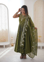 Teeya Creation Green Color Roman Silk Embroidery Work Party Wear Gown | Grocsy