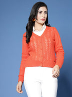 Women Pointelle Rust Acrylic Winter Cardigan - Wool Trees | Grocsy